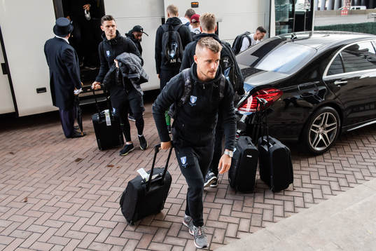 Eric Larsson of Malmö FF arrives at their hotel
