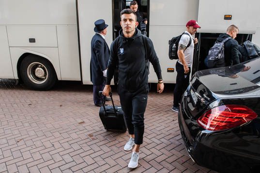 Behrang Safari of Malmö FF arrives at their hotel
