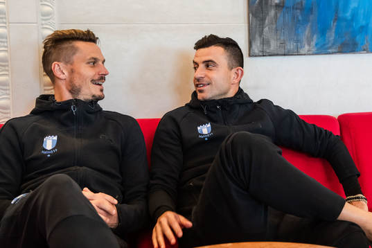 Markus Rosenberg and Behrang Safari of Malmö FF arrives at
