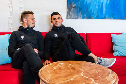 Markus Rosenberg and Behrang Safari of Malmö FF arrives at