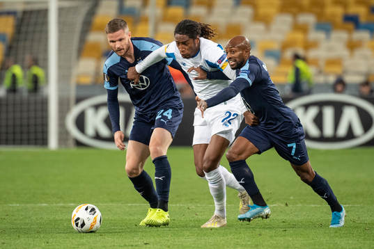 Lasse Nielsen and Fouad Bachirou of Malmö FF in a duel