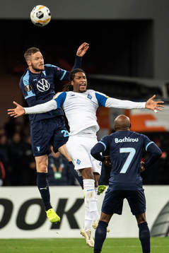 Lasse Nielsen of Malmö FF and Gerson Rodrigues of Dinamo