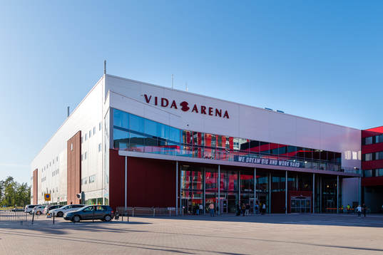 Generell exteriör bild av Vida arena före ishockeymatchen
