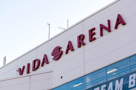 Generell exteriör bild av Vida arena före ishockeymatchen