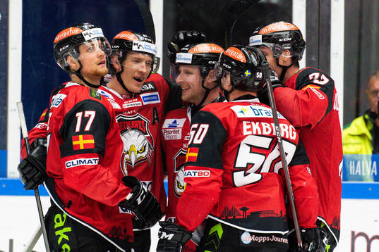 Malmö Redhawks Emil Sylvegård jublar med lagkamrater