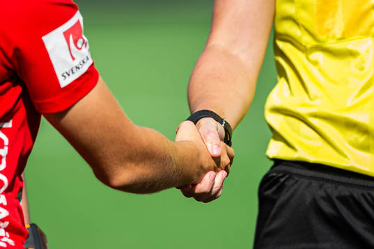 Spelare och domare skakar hand
