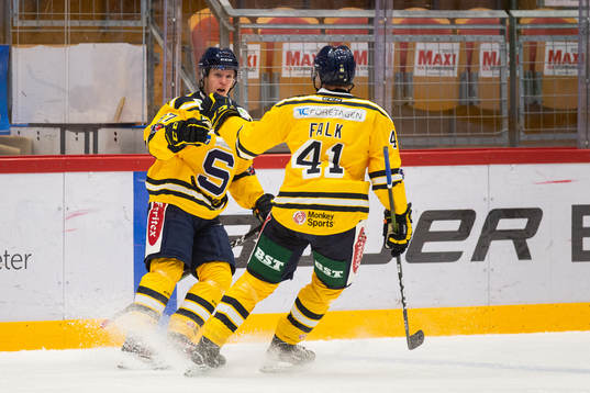 Södertäljes Hugo Gustafsson och Alexander Falk jublar