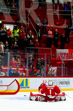 Timrås målvakt Victor Brattström jublar mot fansen
