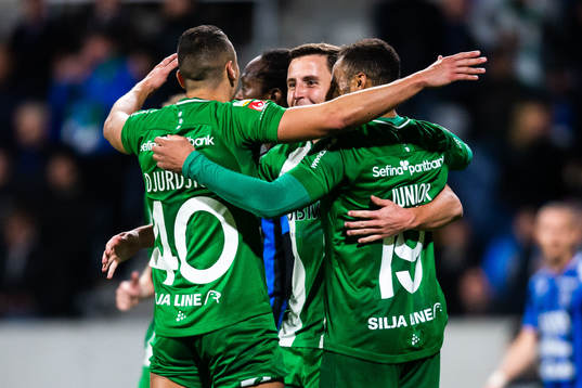 Hammarbys Nikola Djurdjic och Jeppe Andersen jublar
