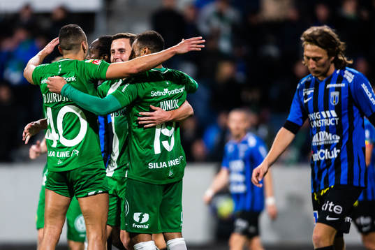 Hammarbys Nikola Djurdjic och Jeppe Andersen jublar