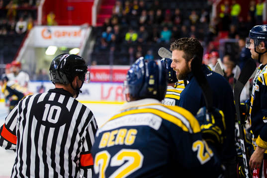 Södertäljes tränare Ulf Lundberg diskuterar med domare