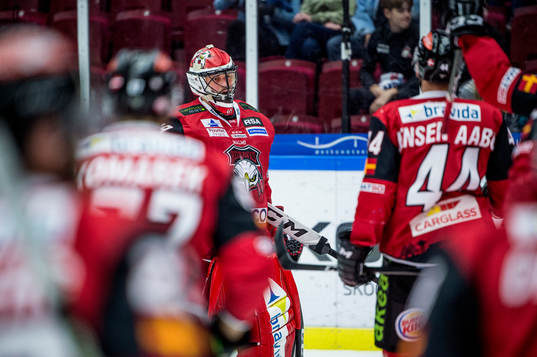 Malmö Redhawks spelare jublar åt målvakt Oscar Alsenfelt