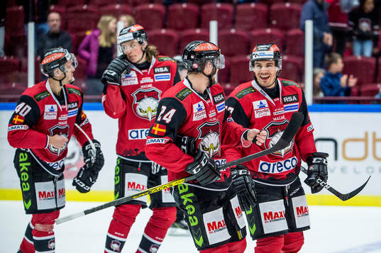 Malmö Redhawks Emil Molin och Henrik Hetta jublar