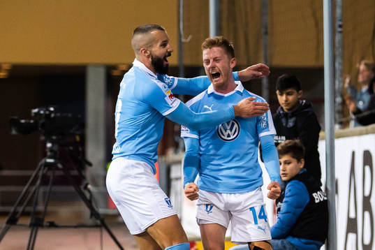 Malmö FFs Anders Christiansen och Guillermo Molins jublar