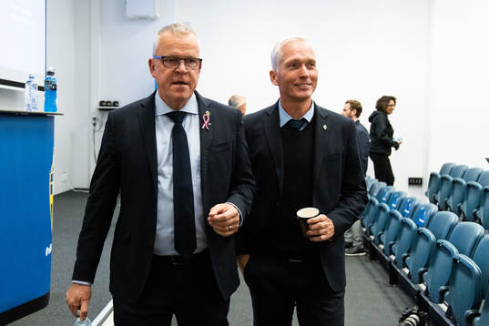 Head coach Janne Andersson of Sweden together with Håkan