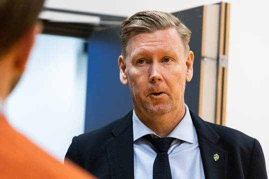Peter Wettergren, assistant coach of Sweden, talks to media