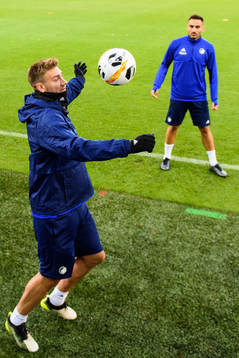 Nicklas Bendtner and Sotirios Papagiannopoulos of FC