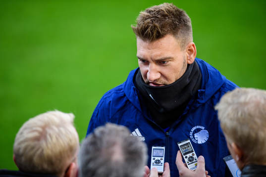 Nicklas Bendtner of FC Köpenhamn talks with media prior to