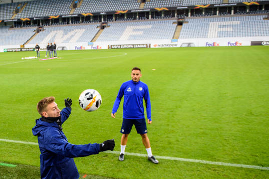 Nicklas Bendtner and Sotirios Papagiannopoulos of FC
