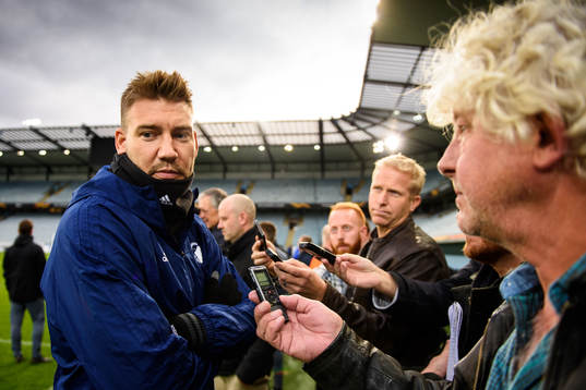 Nicklas Bendtner of FC Köpenhamn talks with media prior to