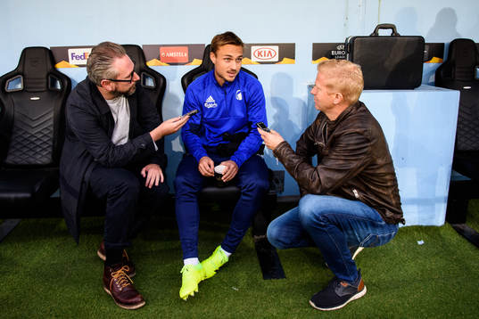 Pierre Bengtsson of FC Köpenhamn talks with media prior to