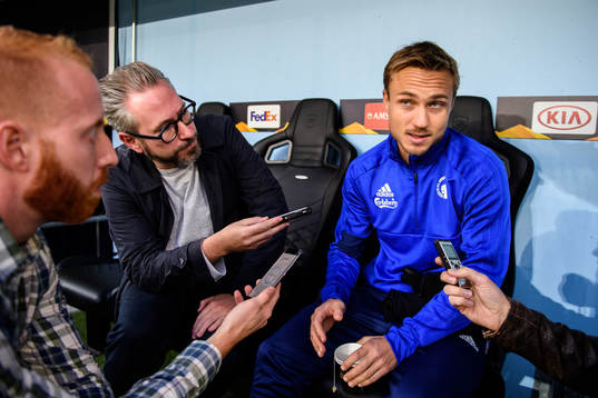 Pierre Bengtsson of FC Köpenhamn talks with media prior to