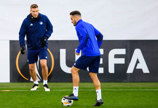 Nicklas Bendtner and Sotirios Papagiannopoulos of FC