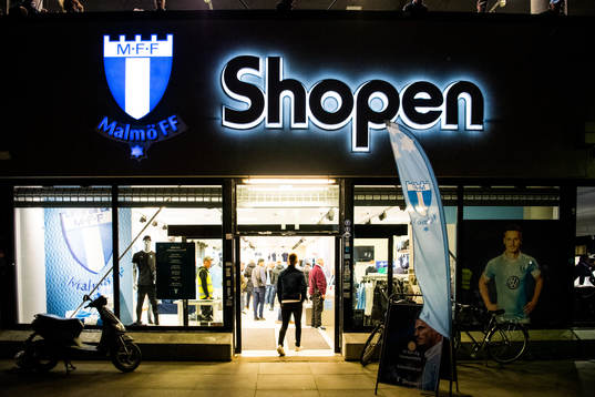Exterior view of Malmö FF supporter shop at Stadion