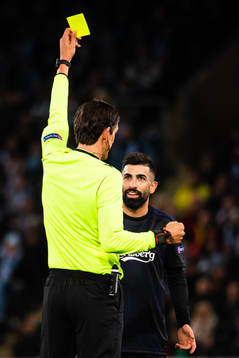 Michael Santos of FC Köpenhamn recieves a yellow card