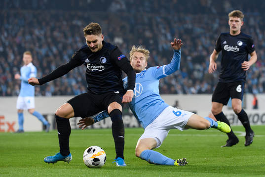 Guillermo Varela of FC Köpenhamn and Oscar Lewicki of