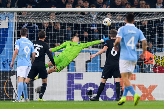 Goalkeeper Karl-Johan Johnsson of FC Köpenhamn saves the