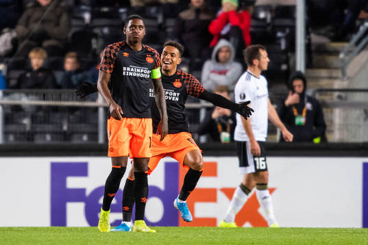 Pablo Rosario of PSV Eindhoven celebrates scoring 0-1