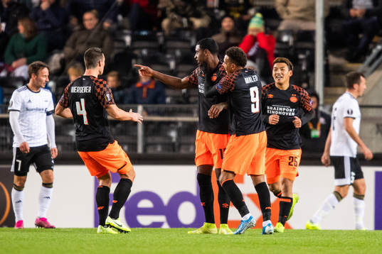 Pablo Rosario of PSV Eindhoven celebrates scoring 0-1