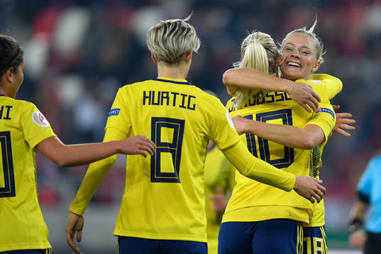 Fridolina Rolfo and Sofia Jakobsson of Sweden celebrate