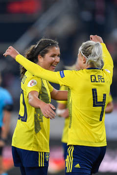 Loreta Kullashi and Hanna Glas of Sweden celebrate