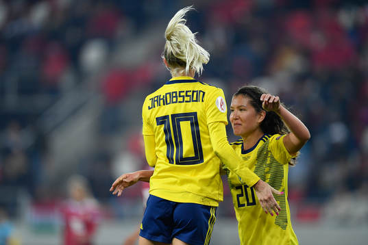 Sofia Jakobsson and Loreta Kullashi of Sweden celebrate