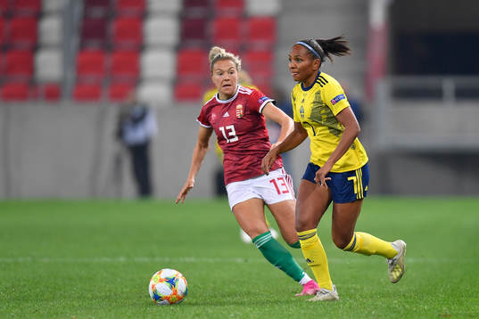 Madelen Janogy of Sweden vies against Fanni Vago of Hungary