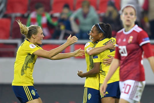 Magdalena Ericsson and Madelen Janogy of Sweden celebrate