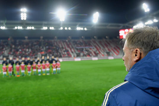 Peter Gerhardsson, head coach of Sweden is listening to the