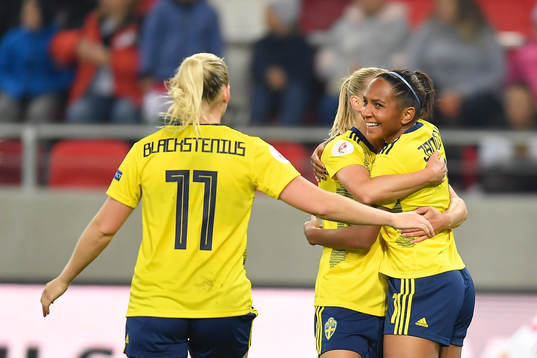 Madelen Janogy and Stina Blackstenius of Sweden celebrate