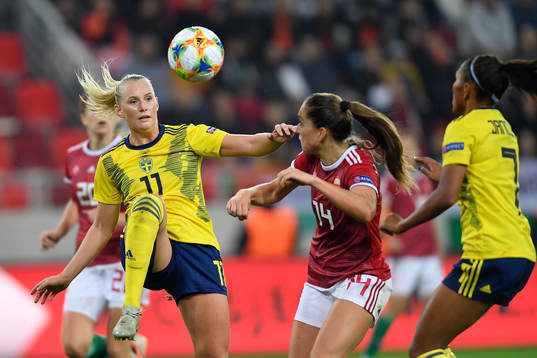 Stina Blackstenius of Sweden vies against Evelin Mosdoczi