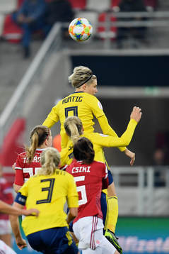 Lina Hurtig of Sweden vies against Anna Csiki of Hungary