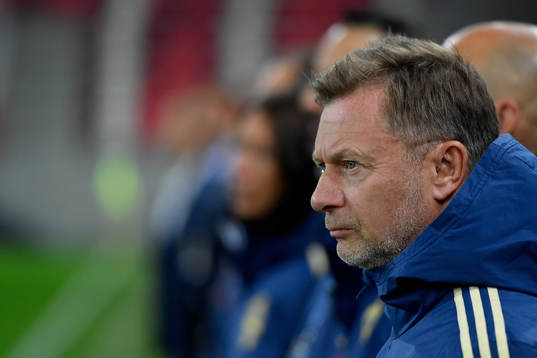 Peter Gerhardsson, head coach of Sweden is listening to the