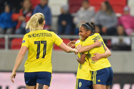 Madelen Janogy and Stina Blackstenius of Sweden celebrate