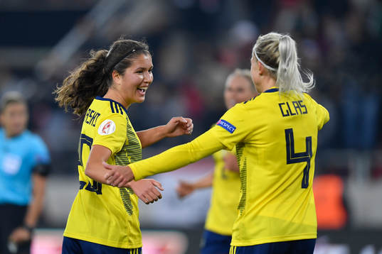 Loreta Kullashi and Hanna Glas of Sweden celebrate