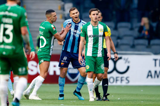 Hammarbys Nikola Djurdjic och Jeppe Andersen i en situation