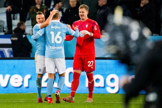 Malmö FFs Eric Larsson och Felix Beijmo jublar med