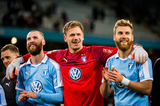 Malmö FFs Jo Inge Berget, målvakt Johan Dahlin och Rasmus