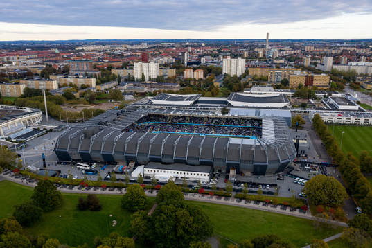 Drönarvy över Stadion och stadiontorget i Malmö