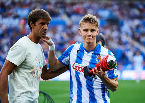 Xavi Prieto gives Martin Odegaard of Real Sociedad the